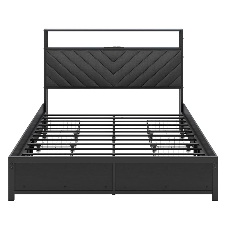 Full Size Bed Frame with Headboard, LED Light & Charging Station – Black (Variation: Black+Full)