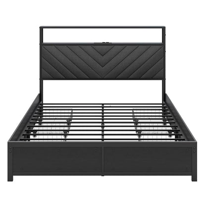 Full Size Bed Frame with Headboard, LED Light & Charging Station – Black (Variation: Black+Full)