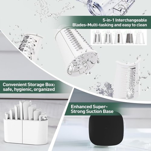 APSARAS USA Rotary Cheese Grater - 5-in-1 Hand Crank Shredder with Replaceable Blades & Suction Base