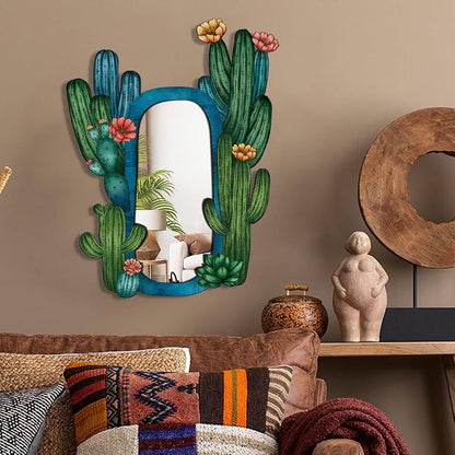 11.8in Wood Wall Mirror (Cactus) — Rustic Natural Wood Frame, Horizontal or Vertical Mount
