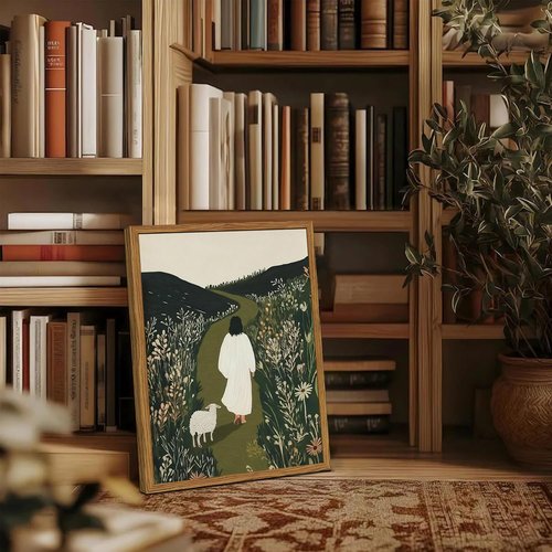 Framed Jesus Wall Art - Leaves the 99 Sheep Canvas Print | Christian Decor for Living Room, Bedroom, Church - 12x16 Inch