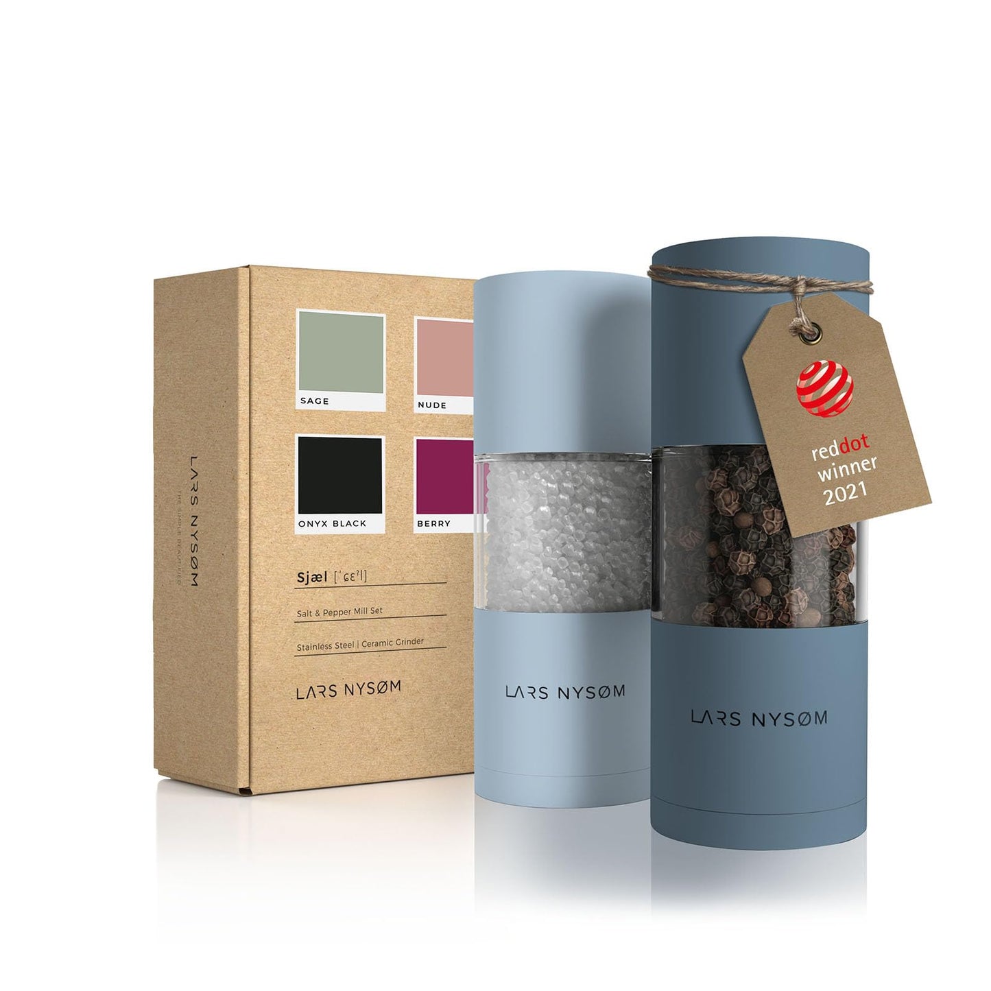 LARS NYSØM Salt and Pepper Grinder Set I Salt and Pepper Mills with Adjustable Ceramic Grinder 2 pieces I Manual Design Spice Mill Set (Blue)