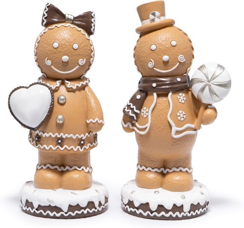 Hodao Gingerbread Couple Figurines Set of 2 - Adorable Resin Christmas Decorations | 7.5" Tall Ornaments