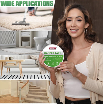 YYXLIFE Double-Sided Carpet Tape - Heavy-Duty Adhesive for Hardwood Floors & Area Rugs | 2 Inch x 12 Yards