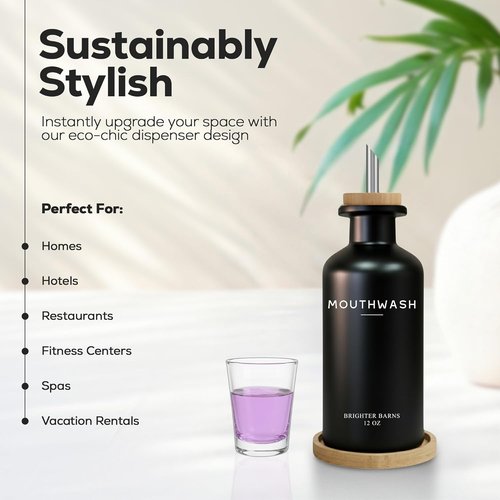 Brighter Barns Black Glass Mouthwash Dispenser - Modern Bathroom Decor for Home, Gym, or Office