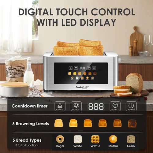 Geek Chef 4-Slice Long Slot Toaster - Extra Wide Slots for Bagels & Waffles, Touch Screen, Stainless Steel