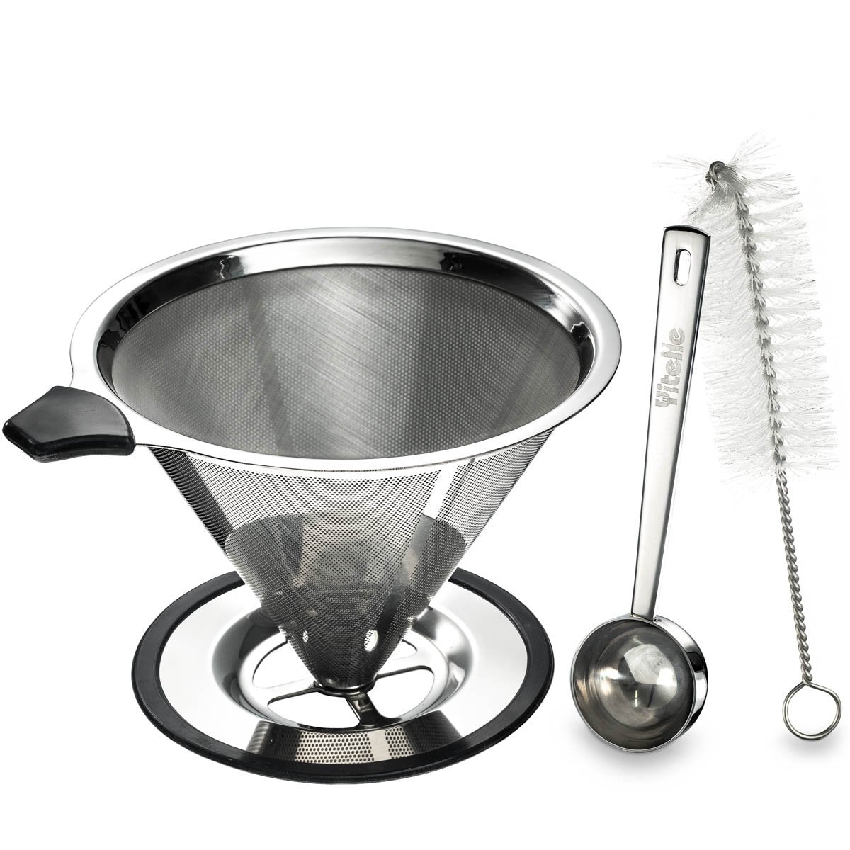 Stainless Steel Pour Over Coffee Cone Dripper with Cup Stand - Paperless and Reusable - Ultra Fine Micro Mesh Filter - BONUS: Coffee Scooping Spoon + Cleaning Brush - [1-4 Cup]