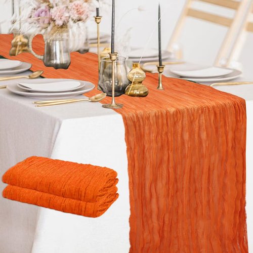 FANPROMS Orange Cheesecloth Table Runner - 10Ft Vintage Gauze for Fall & Halloween Decor | 2 Pcs