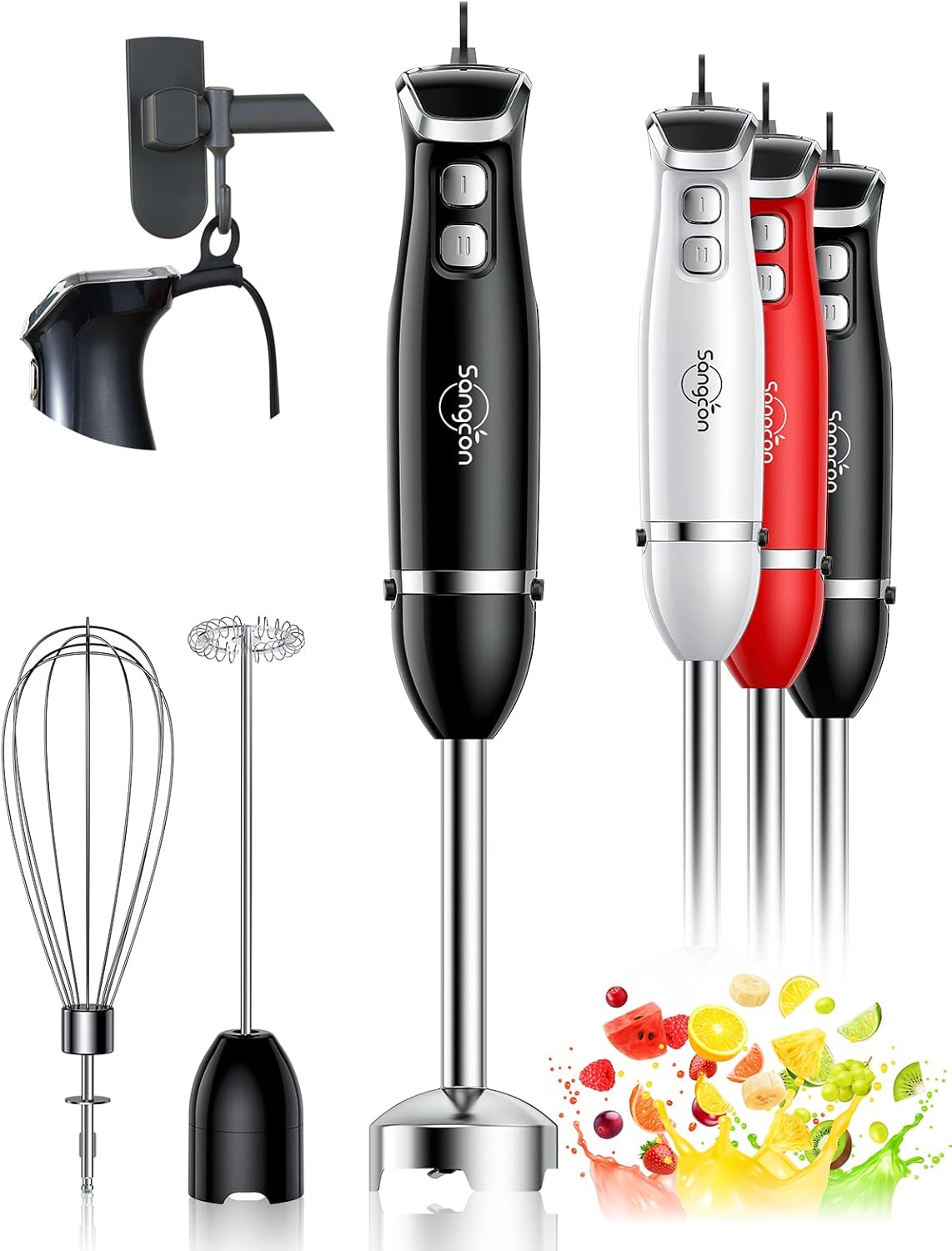 Sangcon Handheld Immersion Blender - 3-in-1 Electric Mixer with Stainless Steel Blade & Attachments | Black