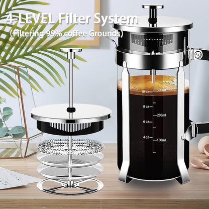 Skiennix French Press Coffee Maker - 304 Stainless Steel with 4 Filters | Heat-Resistant Borosilicate Glass, Copper 12oz