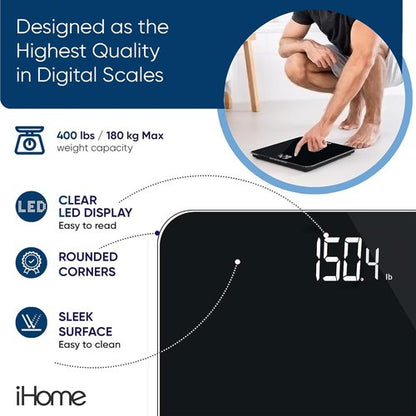 iHome Digital Bathroom Scale - Accurate Body Weight Measurement | Batteries Included, Sleek Black Design