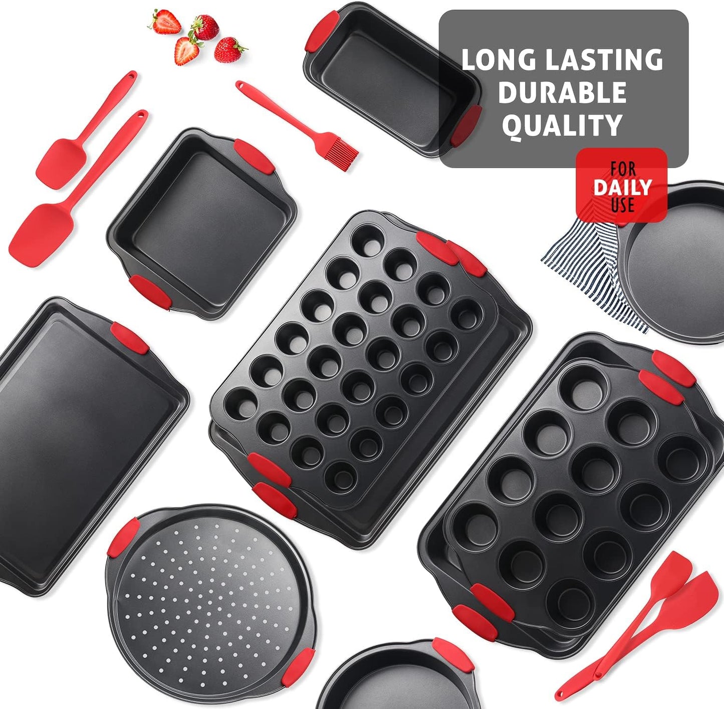 Skiennix 15-Piece Nonstick Baking Pan Set - Premium BPA-Free Bakeware with Cookie Sheets, Muffin Pan & Utensils | Black