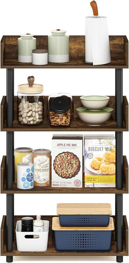 Furinno 4-Tier Toolless Display Rack - Stylish Amber Pine & Black Finish for Easy Organization