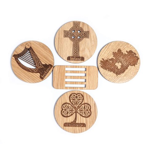 Biddy Murphy Irish Gifts, Oak Drink Coasters Set of 4 with Stand, Etched Designs Include Shamrock, Harp, Celtic Cross, Ireland, Imported, 3.75" Inch Round