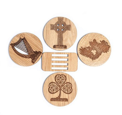 Biddy Murphy Irish Gifts, Oak Drink Coasters Set of 4 with Stand, Etched Designs Include Shamrock, Harp, Celtic Cross, Ireland, Imported, 3.75" Inch Round