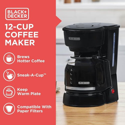 BLACK+DECKER 12-Cup Coffee Maker - Easy On/Off Switch & Non-Drip Carafe | Vortex Technology, Black