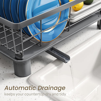 SNTD Dish Drying Rack - Stainless Steel Kitchen Counter Rack with Utensil Holder | 11" W x 15" L (Grey)