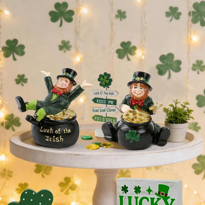 Skiennix St. Patrick's Day Decorations - Lucky Leprechaun Figurines Set of 2 | Resin Statues with Pot of Gold for Home Decor