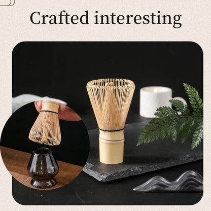Japanese Matcha Set - (8 pcs) Matcha Whisk Set Matcha Bowl with Pouring Spout Bamboo Matcha Whisk (chasen) Scoop (chashaku) Matcha Whisk Holder Tea Making Kit (8pcs/set, Gray Matcha bowl)