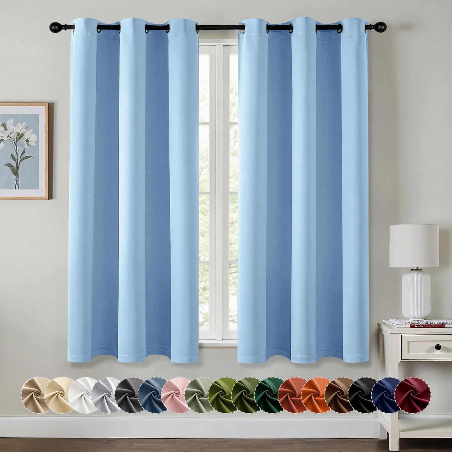 MIULEE Sky Blue Blackout Curtains - Thermal Insulated Room Darkening Drapes | 54 Inches Long, 2 Panels