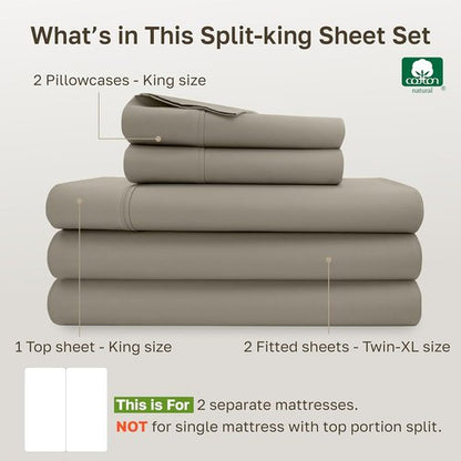 California Design Den Split King Bed Sheets Set - 100% Cotton, 400 TC, Silky Smooth & Breathable - Taupe