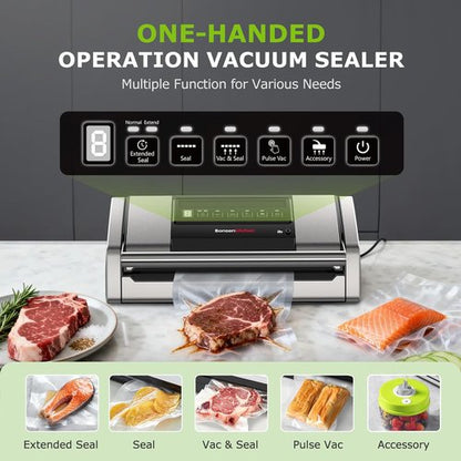 Bonsenkitchen Vacuum Sealer - Easy-Lock Handle Food Sealer with Built-in Cutter & Storage | Silver, Includes 1 Roll & 10 Bags
