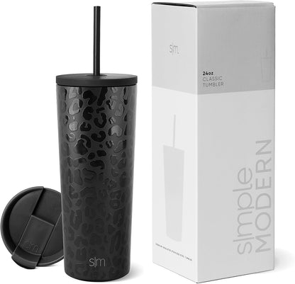 Simple Modern Insulated Tumbler - 24oz Reusable Stainless Steel Travel Mug with Lid & Straw | Black Leopard