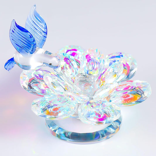 Movdyka Crystal Figurine - Blue Hummingbird Lotus Flower Decor | Sparkling Glass Ornament for Home