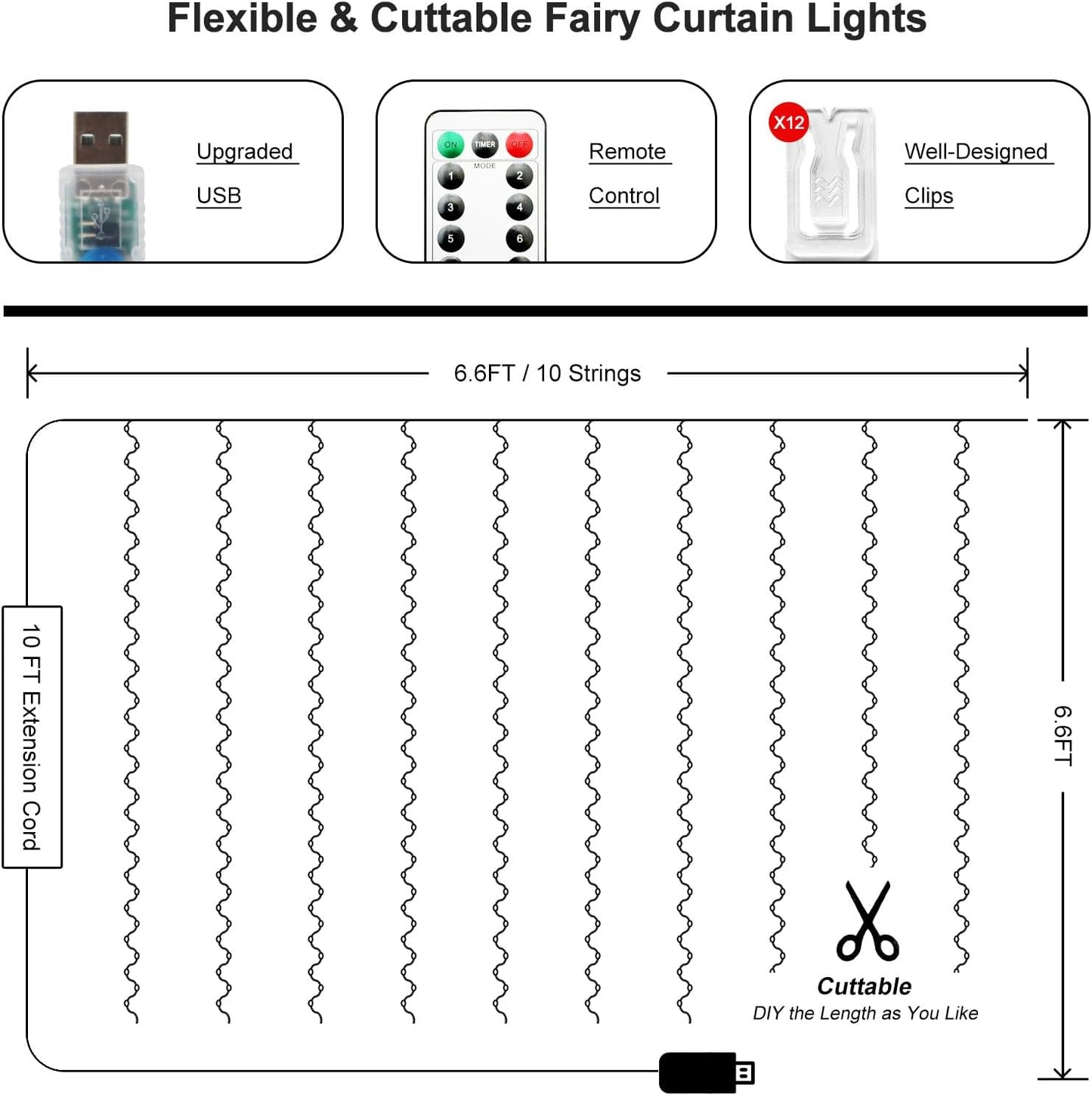 Skiennix 200 LED Fairy Curtain Lights - 6.6 x 6.6 FT Warm White USB Plug with Remote | 8 Modes for Christmas & Events