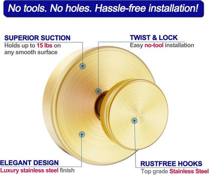 Bntuk Suction Cup Hooks - Removable Towel Hooks for Bathroom & Shower | 4 Pack, Gold Finish
