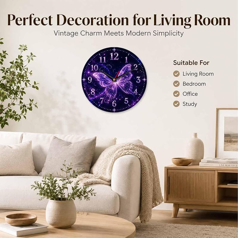 Glowing Purple Butterfly Wall Clock 10 Inch - Silent, Vintage Retro Farmhouse