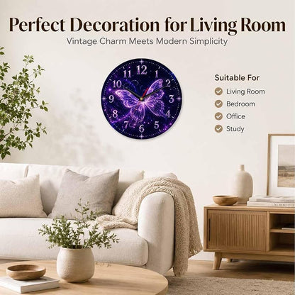 Glowing Purple Butterfly Wall Clock 10 Inch - Silent, Vintage Retro Farmhouse