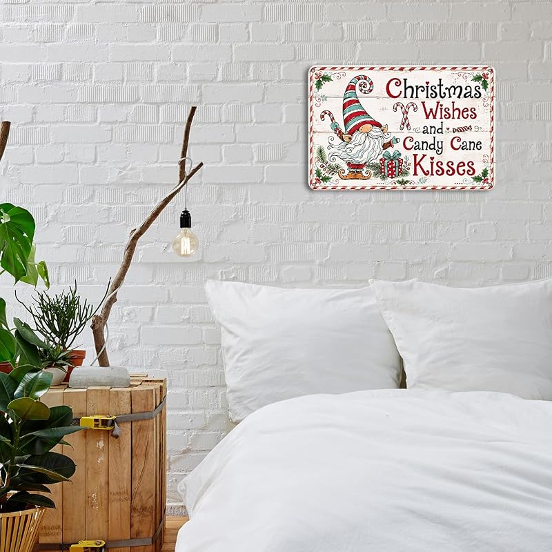 Wall Pediments 64 Christmas Gnome Aluminum Sign - Candy Cane Farmhouse Holiday Decor, Festive Gnome with Peppermint & Gift – Generic63