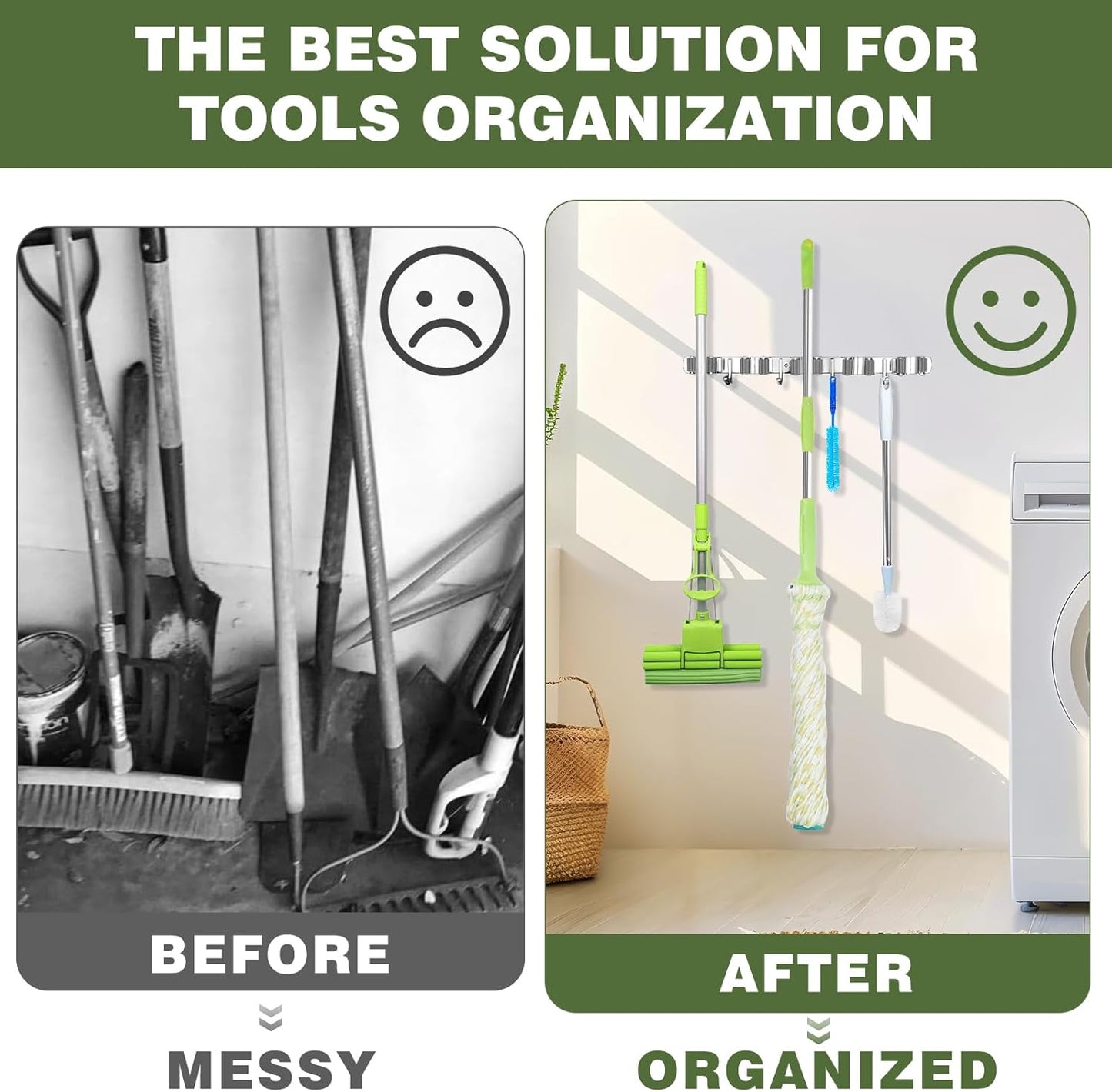 UNIFUN Broom Holder Wall Mount - Heavy Duty Stainless Steel Organizer with 5 Racks & 4 Hooks | Grey
