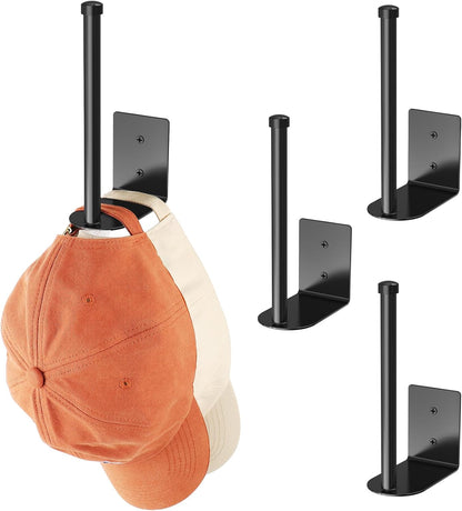 Skiennix Hat Rack | 4 Pack Stainless Steel Baseball Cap Organizer - Strong Adhesive & Wall Drilled, Black 6 in
