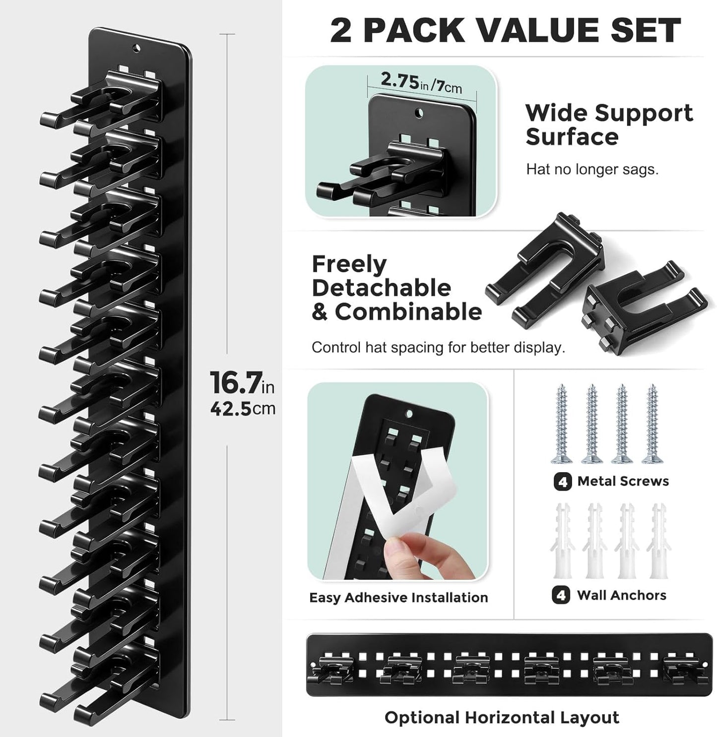 Skiennix Hat Organizer - 2 Pack Detachable DIY Rack for Up to 22 Baseball Caps - Black