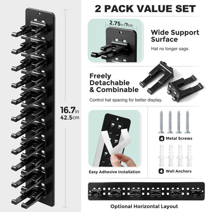 Skiennix Hat Organizer - 2 Pack Detachable DIY Rack for Up to 22 Baseball Caps - Black