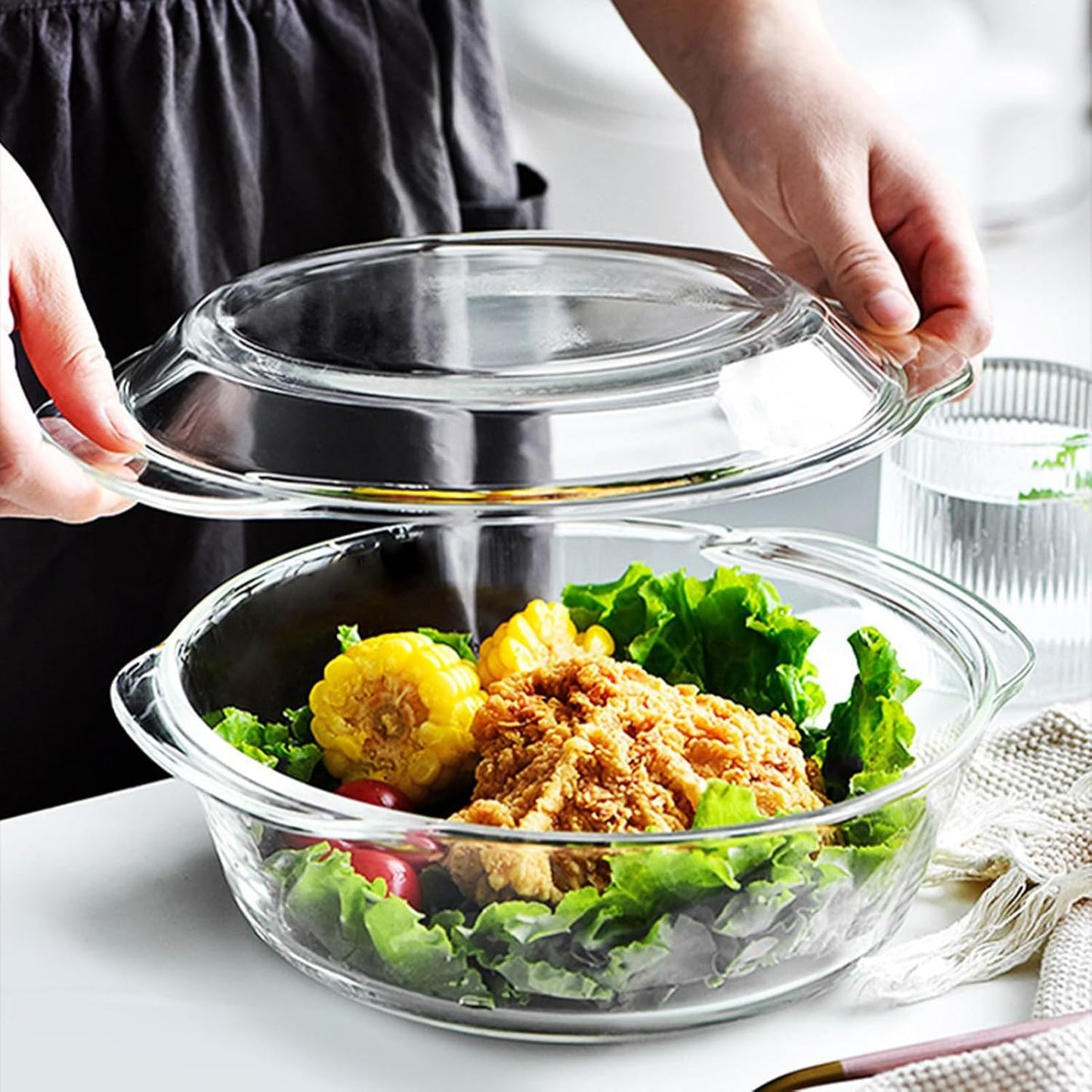 Skiennix Casserole Baking Dish - 2-Piece Mini Round Set with Handle & Lid | Tempered Glass, 3/4 Quart, Oven Safe