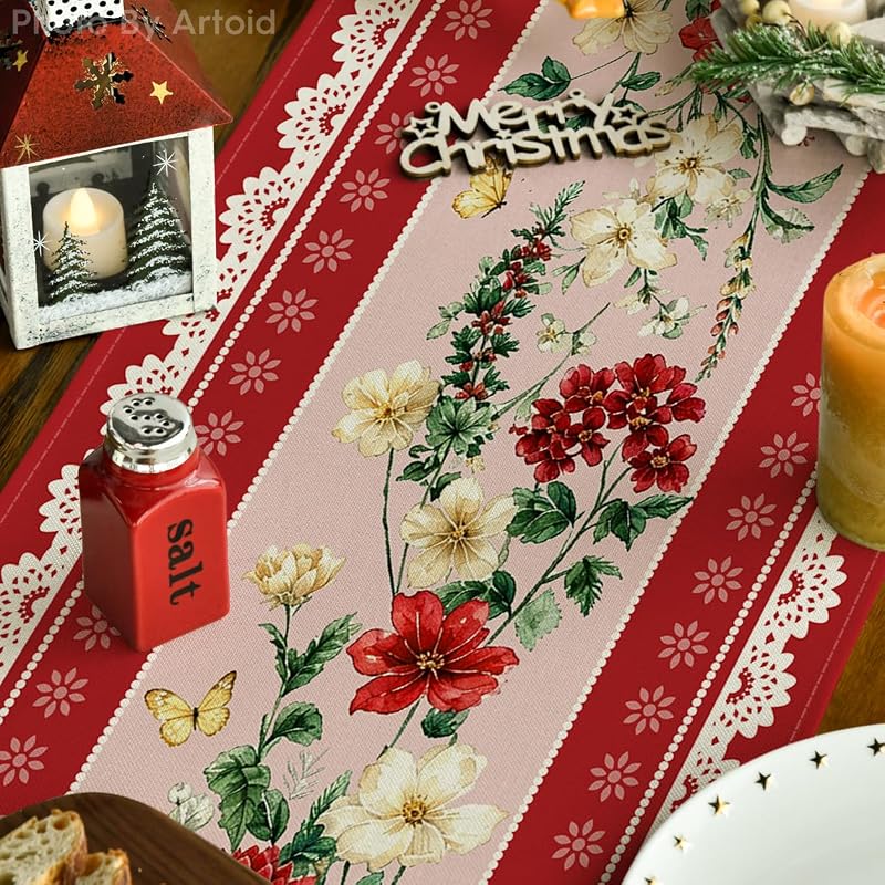 Red 13x90 Inch Floral Lace Table Runner - Printed Polyester