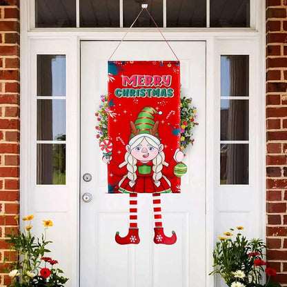 Elf Girl Christmas Banner - Merry Xmas Hanging Flag for Door Decor, Weatherproof Polyester