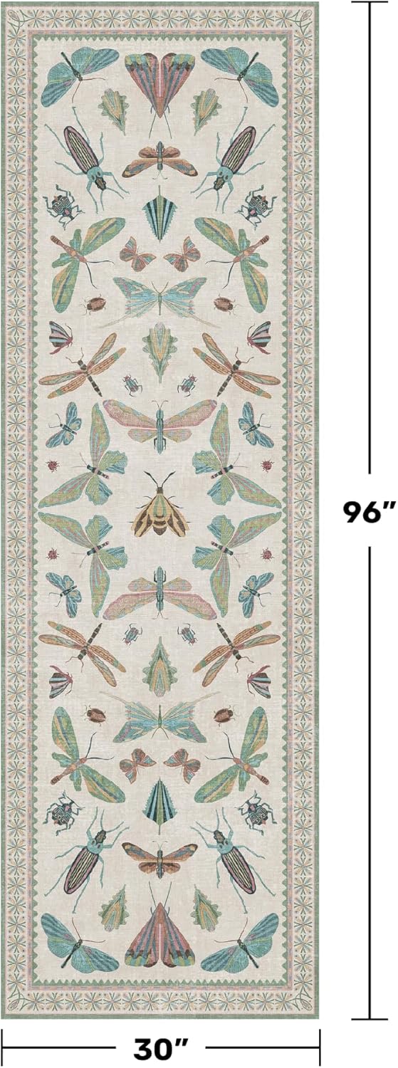 Skiennix Insect Print Hallway Runner Rug - 2'6" x 8' Light Green, Washable Non-Slip Design