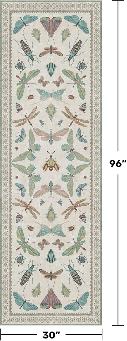 Skiennix Insect Print Hallway Runner Rug - 2'6" x 8' Light Green, Washable Non-Slip Design