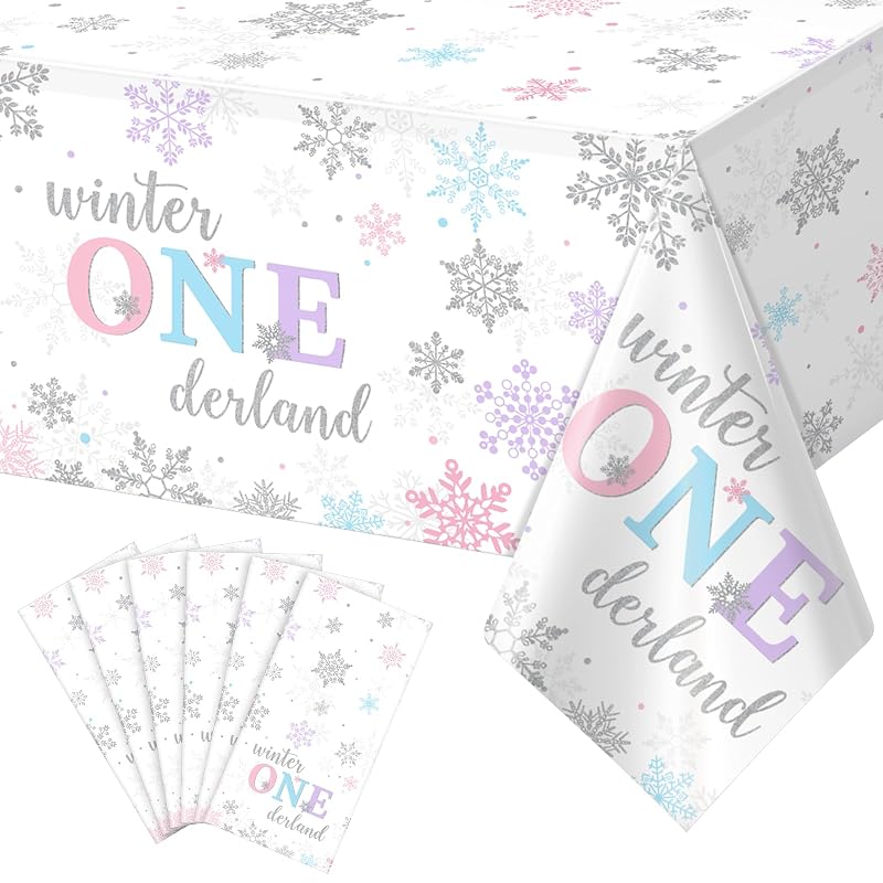 6Pcs Winter Onederland Tablecloths 54x108 in - Snowflake Disposable Party Covers (Purple Pink Blue) 6 Pack