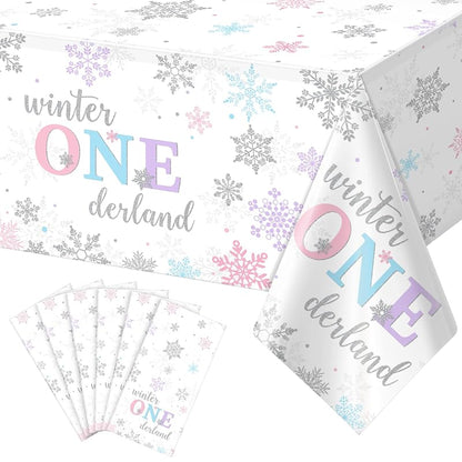 6Pcs Winter Onederland Tablecloths 54x108 in - Snowflake Disposable Party Covers (Purple Pink Blue) 6 Pack
