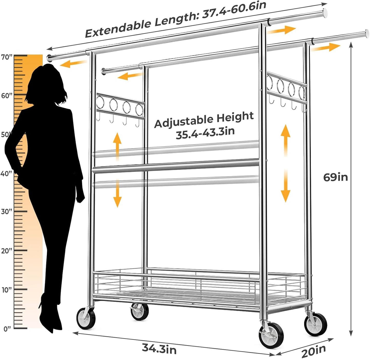 Skiennix Heavy Duty Clothes Rack - 960LBS Capacity, Portable & Adjustable with Sturdy Wheels | Silver
