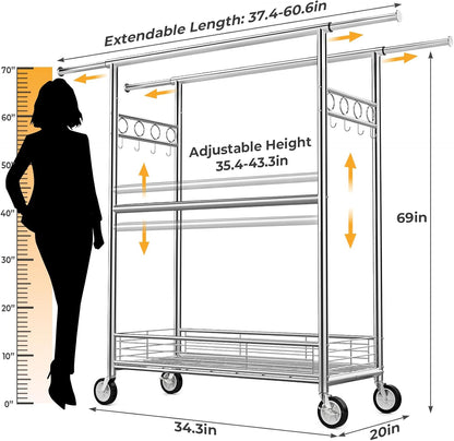 Skiennix Heavy Duty Clothes Rack - 960LBS Capacity, Portable & Adjustable with Sturdy Wheels | Silver