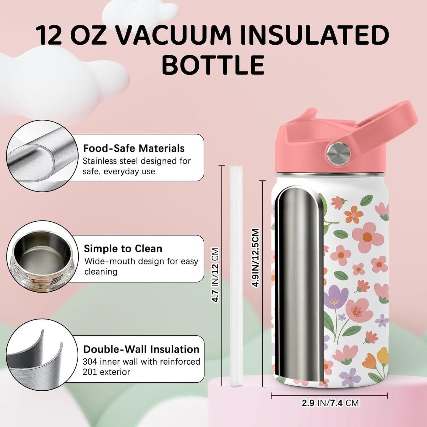 Skiennix Stainless Steel Insulated Water Bottle - 12oz Flower Design Tumbler with Straw Lid & Handle