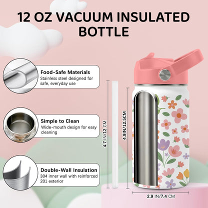 Skiennix Stainless Steel Insulated Water Bottle - 12oz Flower Design Tumbler with Straw Lid & Handle