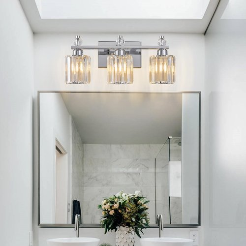 FDPBY Bathroom Vanity Lights 3-Light Chrome Modern Crystal Vanity Light Fixtures Over Mirror Crystal Bathroom Vanity Lighting Fixtures