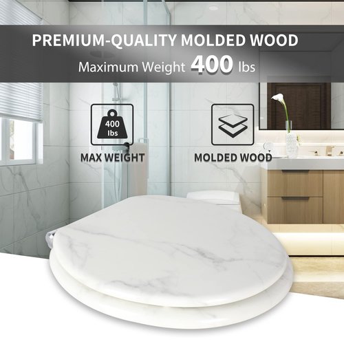 Angel Shield Marble Toilet Seat Durable Molded Wood with Quiet Close,Easy Clean，Quick-Release Hinges (Round,White Marble)